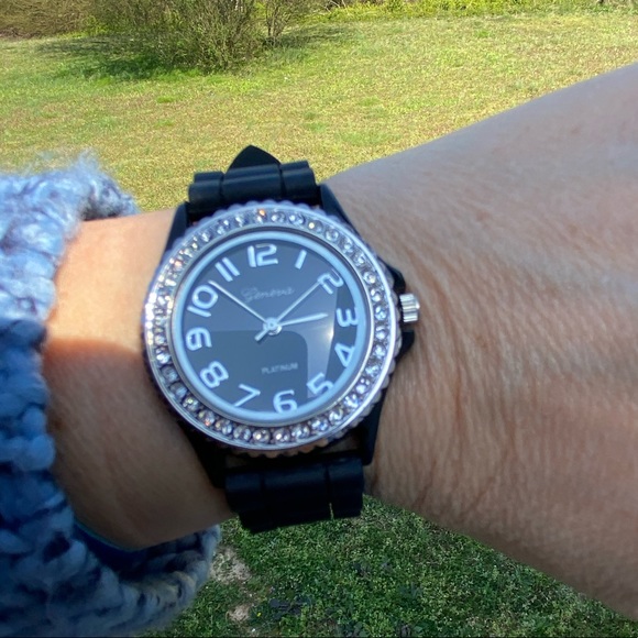 Geneva Platinum women’s watch black rubber band with crystal accents - Picture 5 of 13